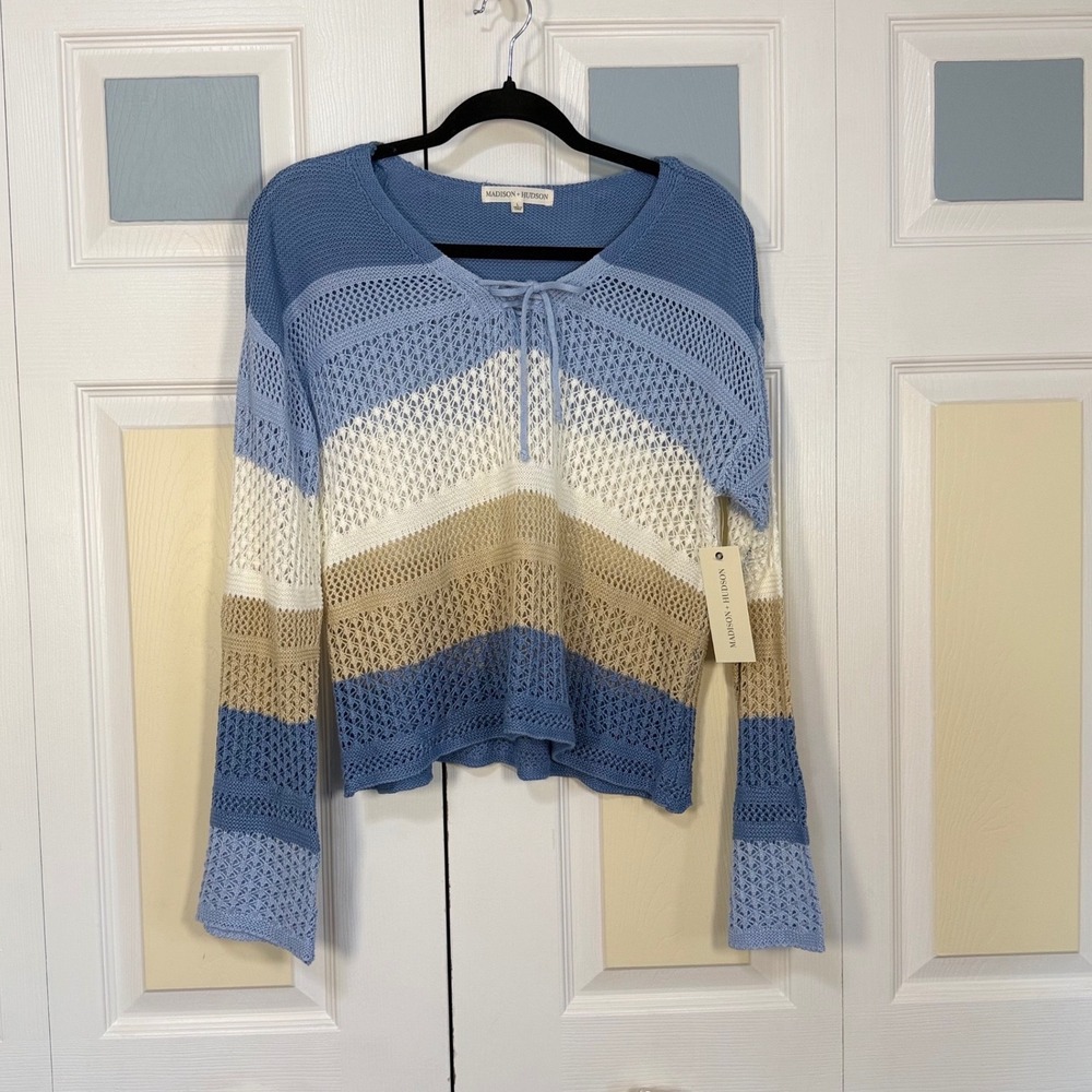 Madison + Hudson Blue Striped Open Knit Crochet Lace Up Sweater GS63397 L NWT